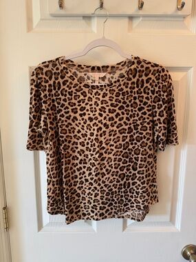 Rebecca Taylor Leopard Print Short Sleeve Tee in Tan and Black